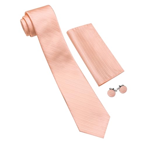 Image of Barry.Wang Solid Striped Tie for Men Silk Necktie Pocket Square Cufflinks Formal Wedding Party Business