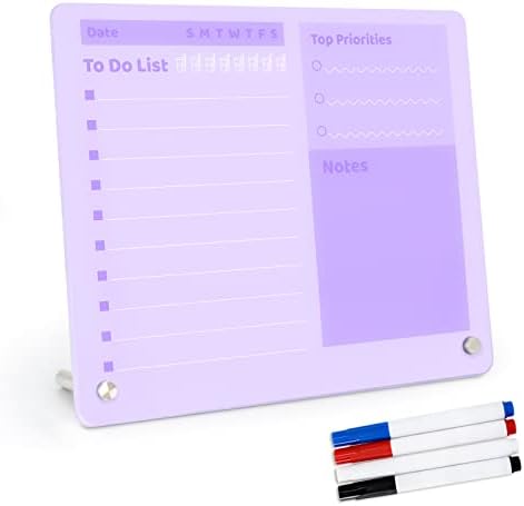 SHOOFFICE Glass Dry Erase Board, 12" x 10" Magnetic Glass Whiteboard for Desk, Frameless Purple Glass Board with 3 Markers, to Do List Planner for Office, Home, School