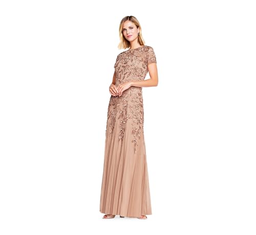 Image of Adrianna Papell Women's Beaded Gown with Godets - Floor Length Gown with Floral Embellishments & Cap Sleeves