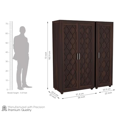 Image of Sheesham Wood Wooden 3 Door Wardrobe Organizer for Clothes | - Solid Wood Almirah with 2 Drawers, 6 Shelves - with Hanging Space Cupboard for Large Bedroom (Design 2)