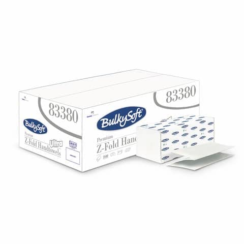 Asciugamani interfogliati piagatura a Z Bulkysoft 21,5x24 cm bianco Cf. 25 fascette da 150 fogli - 83380.E20