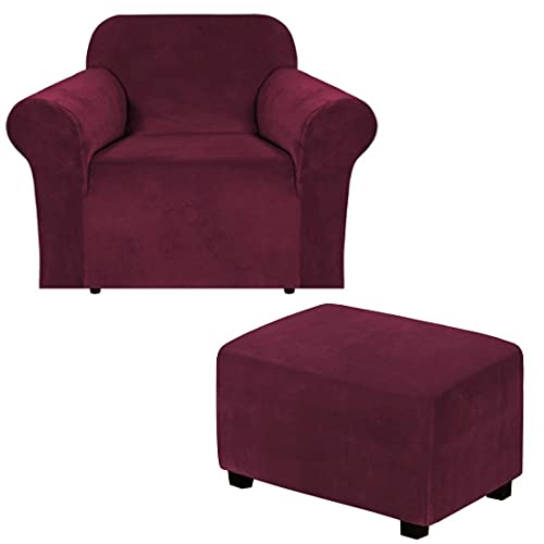 H.VERSAILTEX H.VERSAILTEX Velvet One Piece Sofa Slipcover (Chair 32"-48", Burgundy) Bundles Rectangle Ottoman Slipcover(Large, Burgundy)