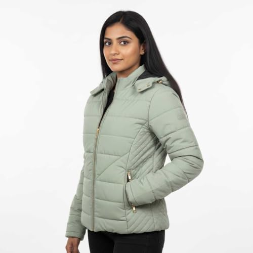 Image of Women's Nylon Puffer Jacket for Winter | Lightweight Warm Quilted Outerwear with Hood | Front Zipper Closure & Secure Pockets | Wind-Resistant Casual Jacket for Women