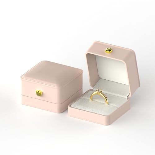 DECWXON Caixa de anel de couro premium com interior de veludo, caixa de presente de anel de noivado/casamento (rosa)