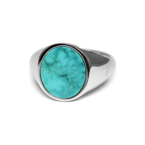 Men's Ring with Stone Turquoise Signet Ring 925 Silver Solid Round Oval Shiny Polished Men's Jewellery from Germany with Gift Box, Silver Cover
