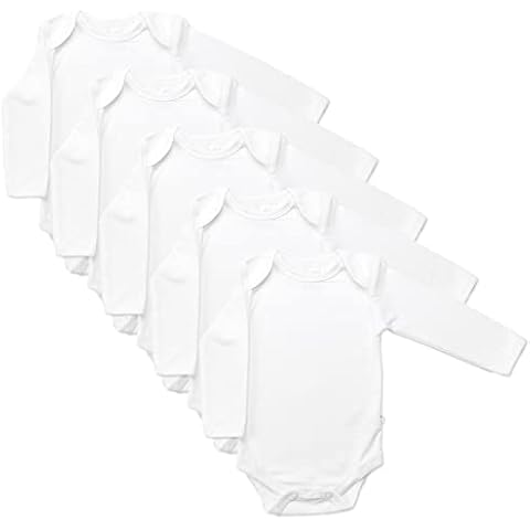 Baby Bodysuit Long Sleeve Vests for Boys and Girls - Unisex Baby Bodysuits for 6-9 Months. 100% Organic Cotton Pack of 5 White Long Sleeve Bodysuits Cover