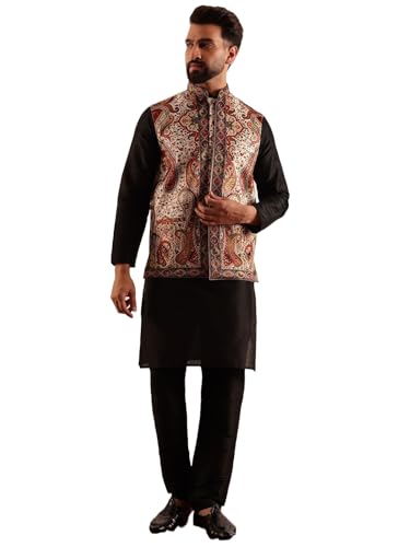 Image of SOJANYA Men's Silk Blend Black Kurta and Pyjama With Paisley Design Velvet Nehru Jacket