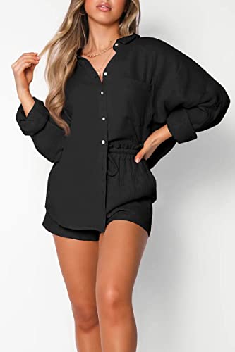 Image of Trendy Queen Two Piece Sets For Women Summer Short Sets | Matching Two Piece Pajama, Lounge Wear, Linen Set, Button-down Top with Matching Shorts, Perfect for Beach, Resort Wear