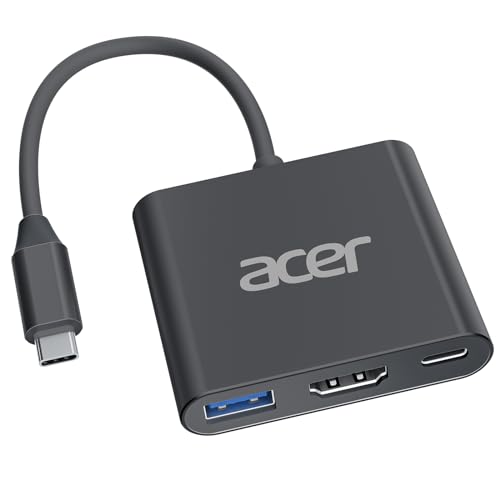 Acer Hub USB C, Adaptateur multiport USB C vers HDMI 3 en 1, avec Port de données USB 3.0 GEN1 5 Gbit/s, Port HDMI 4K et Charge PD Max 100 W pour téléphones...