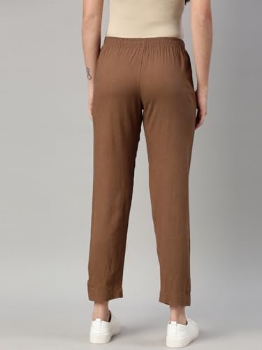 Image of MINELLI Women Solid Cigar Pants, Cotton Lycra Slub Fabric, Elasticated Waistband, Pull On Style, Regular Fit Bottom Wear for Western and Ethnic Wear