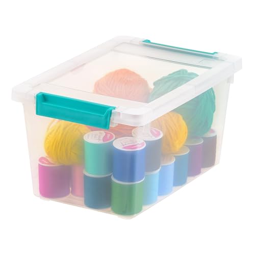 Image of IRIS USA 4 Qt. Craft Storage Bins with Lids, 6-Pack, |Made in USA|, Clip Box, Small Plastic Sensory Bin Tote Organizer Containers for Art Supplies, Paper, & Office, Stackable - Clear /Seafoam Blue
