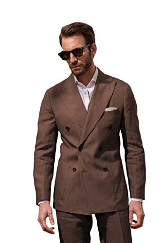 HZUOU Linen Men's Suits Double Breasetd Summer Wedding Groom Tuxedos Wide Peak Lapel Business Formal Suits HZH19
