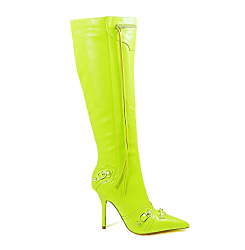 Liliana Womem Knee High Boots Pointed Toe Stiletto Heels Side Zipper Rivets Tassels Boots Bexie-32