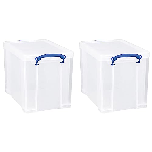 Image of Really Useful Box 19 Liter Plastic Stackable Storage Container w /Snap Lid & Built-in Clip Lock Handles for Home & Office Organization, Clear (2 Pack)