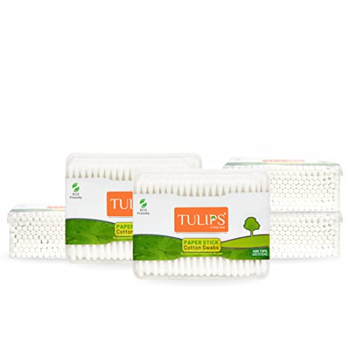 Image of TULIPS Cotton Ear Buds /Swabs (Pack of 5) with white PAPER Sticks 200 /400 Tips in a Flat Box