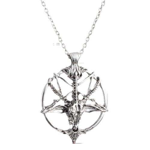 NLIEOPDA Gothic Pentagram Necklace - Vintage Goat Head & Skull Pendant - Unisex Chain Jewelry for Men & Women (50cm,Antique Silver)