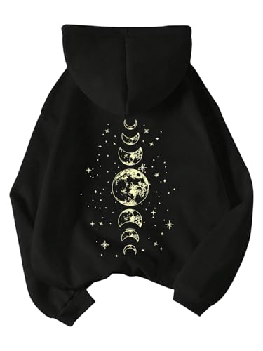 SOLY HUX Womens Graphic Hoodies Drawstring Long Sleeve Moon Print Sweatshirt Pullover Fall Tops Black Moon Large