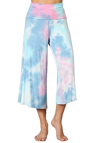 HEYHUN Women's Solid Tie Dye Wide Leg Flared Capri Boho Gaucho Pants w/Lace Detail