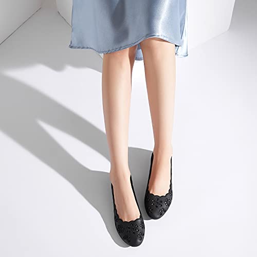 Women's Ballet Flats Black Pu Leather Dress Shoes Comfortable Round Toe Slip On Flats With Floral Eyelets(Black.us9) #TOP3