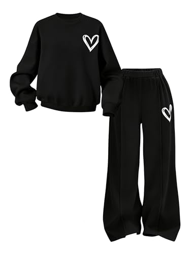 Malerotpc Tween Girls Clothes Tracksuit Set 6-11 Years Sweatshirt & Wide Leg Pants with Heart Print Casual Outfit11 12