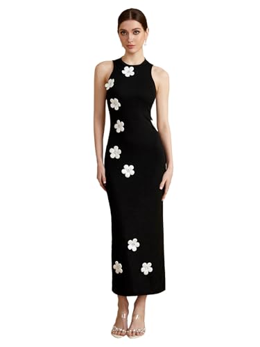 Women's 3D Floral Sleeveless Dress Crew Neck Cut Out Bodycon Going Out Maxi Dresses