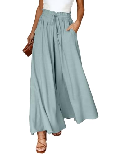 Dokotoo Sommerhose Damen Leicht Palazzo Hose Elegant Sommer High Waist Baggy Leinenhose Freizeithose Baumwolle Leinen Weite Hosen mit Taschen Kordelzug Elastisch Einfarbig Stoffhose Grün M