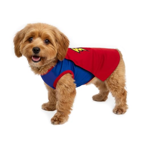 POPERIE Mighty Supa Man Pet Costume with Cape - Small Breed Dog Funny Clothes Outfit Apparel (Small)