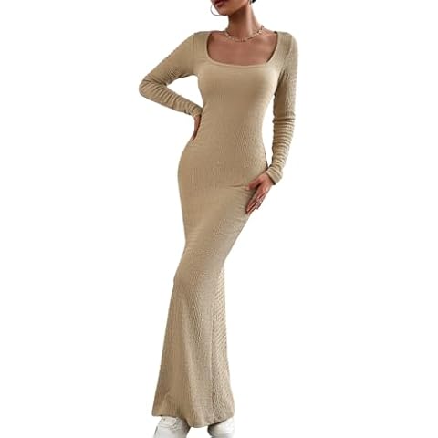 BestWendding Women's Casual Long Sleeve Maxi Dress 2025 Spring Fall Sexy Square Neck Soft Lounge Long Bodycon Dress Khaki S Cover