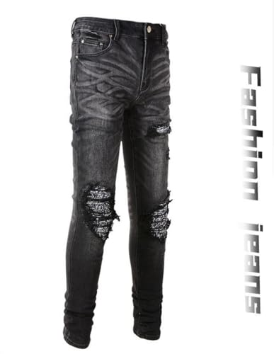 Jeans Pants Trousers Denim Street Trendy Wrinkle Cashew Blossom Hole Elastic Tight Fit Small Leg for Men4