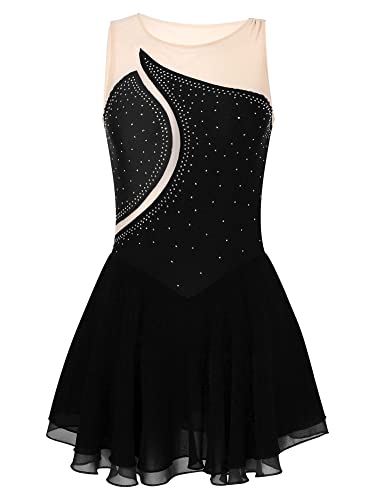 Foto von iEFiEL Damen Glitzer Kleider Eiskunstlauf Kleider Ärmellose Tanzkleid Ballet Trikot Tanzkleidung mit Strass Wettbewerb Minikleid Schwarz M