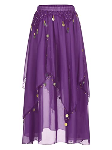inhzoy Femme Jupe de Danse du Ventre Belly Jupe Longue Danse Orientale en Mousseline de Soie Foulard à Sequin Écharpe Costume Performance Dansewear Violet Taille Unique