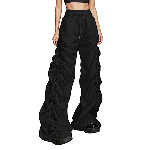 Womens Casual Solid Color Cargo Pants Loose Elastic Belt Waist Pants Long Trousers Fashion Pleated Desigh (Black, L)