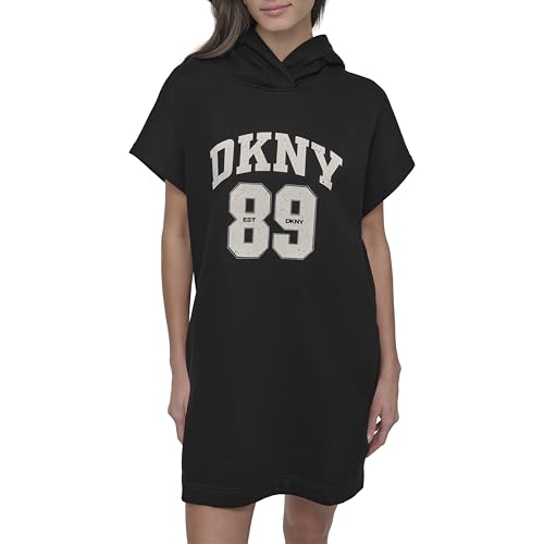 DKNY Women's Rhinestone Jersey Logo Short Sleeve Hoodie Dress, Black/Eggnog, X-Large