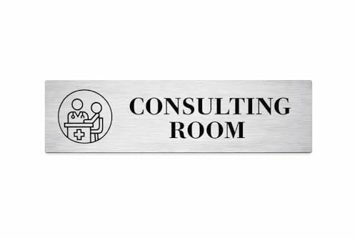 Image of Brushed Silver PVC Office Sign with Double-Sided Tape | Durable 10x3 Inch Signage for Clinics, Malls, Gyms & Hospitals - Available in Silver & Gold (Brushed Silver /, Consulting Room)