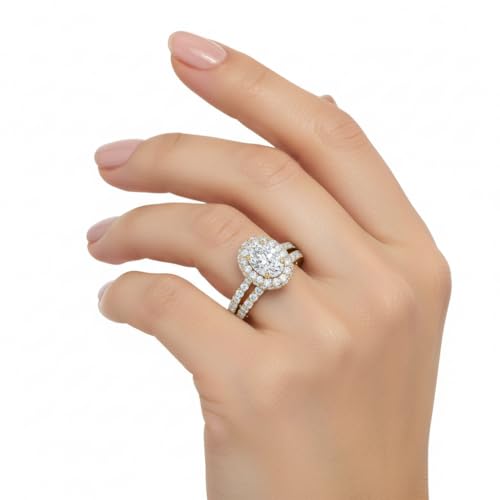 Image of Choose Your Gemstone Oval Halo Rollover Diamond CZ Wedding Ring Yellow Gold Plated Oval Shape Wedding Ring Sets Matching Jewelry Wedding Jewelry Easy to Wear Gifts US Size 4 to 12