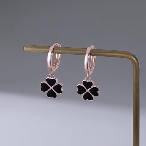 Reffeer Solid 925 Sterling Silver Clover Flower Drop Hoop Earrings for Women Teen Girls Black Flower Hoop Earrings Drops for Summer Spring3