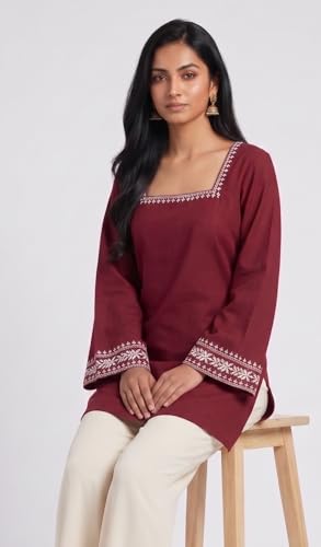 Image of MAHIRA'S Comfort Women's Short Kurti, Rayon Tunic Top with 3 /4 Embroidered Designer Sleeves | Soft Breathable Fabric | Office & Casual Kurti for Jeans, Leggings & Trousers