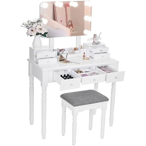 ANWBROAD Makeup Vanity Desk Vanity Set with Lighted Mirror Makeup Vanity Desk Table Set Large 8 LED Bulbs Frameless Mirror 3 Colors Modes Dimming 7 Drawers Cushioned Stool 3 Dividers White UBDT03W Cover