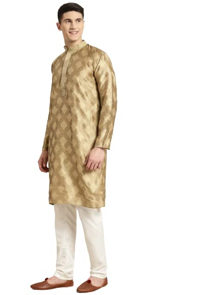 Sojanya (Since 1958 Men's Jacquard Silk Gold Self Design Kurta & Off White Churidar Pyjama Set
