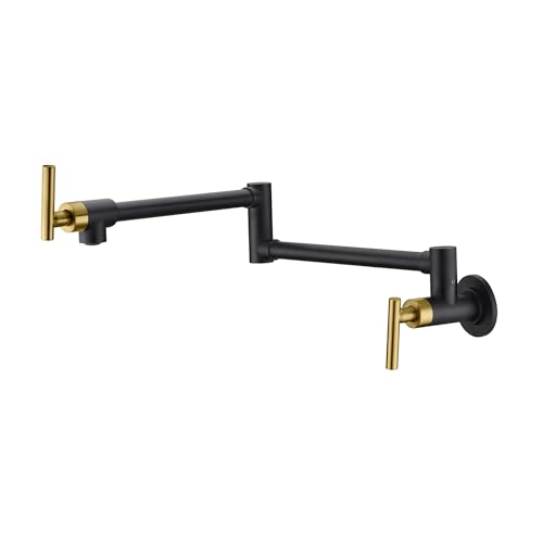 Image of SUMERAIN Pot Filler Faucet Wall Mount Kitchen Faucet Black and Gold Double Joint Swing Arms, Two Handle