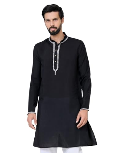 See Designs Men's Full Sleeve Mandarin Collar Black Chanderi Straight Long Kurta with Yoke Design - Festive Collection | - SDKT3134L