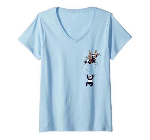 Mujer Oso de panda en un bolsillo de bambú divertido regalo para amantes de la panda Camiseta Cuello V