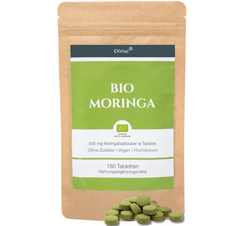 EXVital BIO Moringa Tabletten - 3000 mg Moringa Oleifera pro Tagesdosis - 180 Bio Moringa Presslinge, vegan & hochdosiert