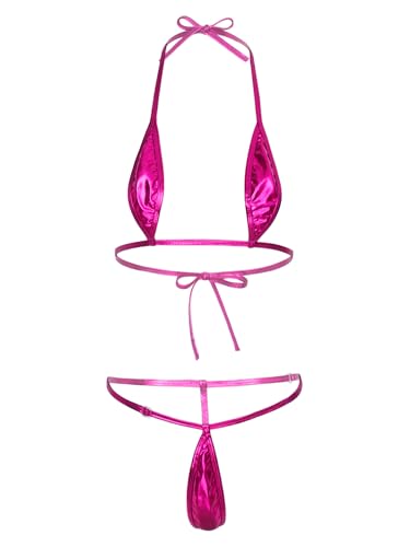 Shinsto Women's Micro Bikini Set Shiny Metallic 2 Piece Swimsuit Mini Bra Tops G String Hot Pink One Size
