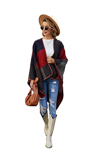 Image of LittleMax Women's Shawl Wraps, Fall Clothes Open Front Boho Cardigan Plaid Knitted Sweater
