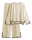  Minetom Femme Jogging Survêtement Manches Longues Tricoté Chandail Pullover Automne Hiver Chaud Pull Top et Pantalon Ensemble Sportwear 2 Pièces C Beige XS