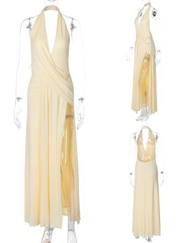 Image of ANKOMINA Women's Sexy V Neck Halter Backless Maxi Dress Ruched High Split Long Bodycon Dresses for Party Cocktail Evening