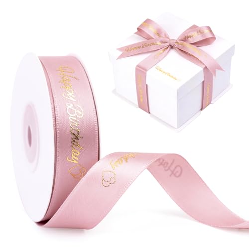G2PLUS Ruban en Satin Or Rose: Ruban Cadeau 15 mm avec Impression “Happy Birthday” Dorée – 25 Yards/22 m | Décorations d’Anniversaire, Mariages,...
