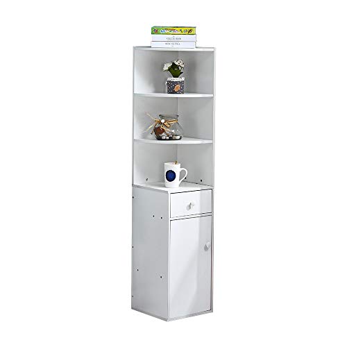 Pantanal Corner Bookcase, Tall Corner Cabinet for Living Room Bedroom, Floor Standing Wooden Storage Shelf Unit with 3 Shelves 1 Door 1 Drawer, White