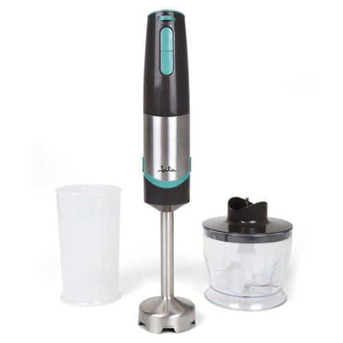 JATA JEBT1790 - Batidora de mano con picadora y vaso de 500 ml. Doble cuchilla de acero inoxidable. Pie de acero inoxidable desmontable. Función turbo. Antisalpicaduras. 800 W